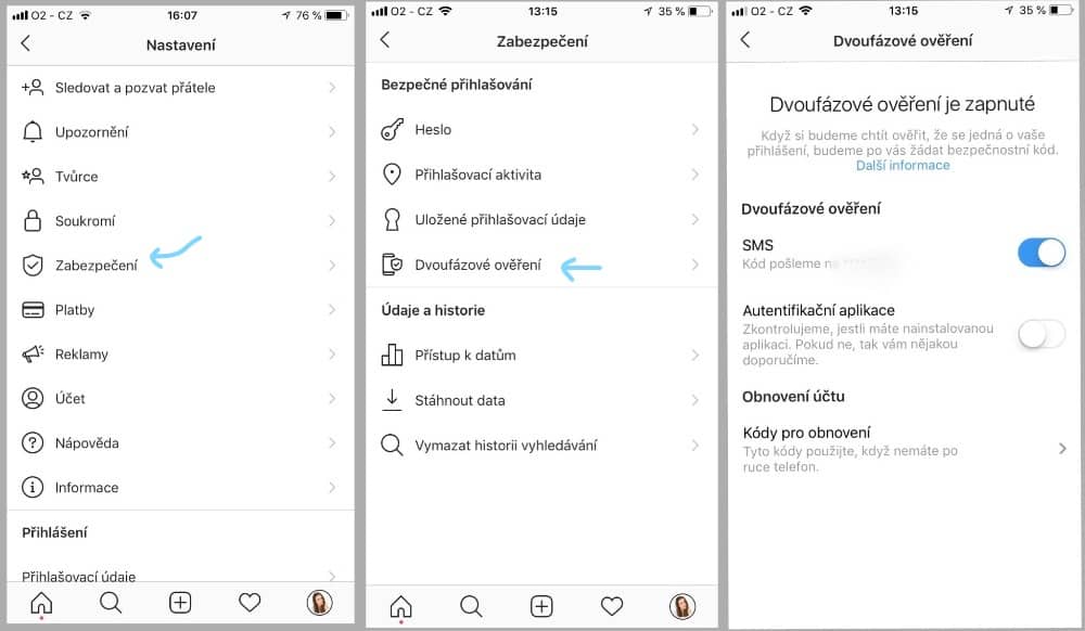 Jak zapnout dvoufázové ověření na Instagramu